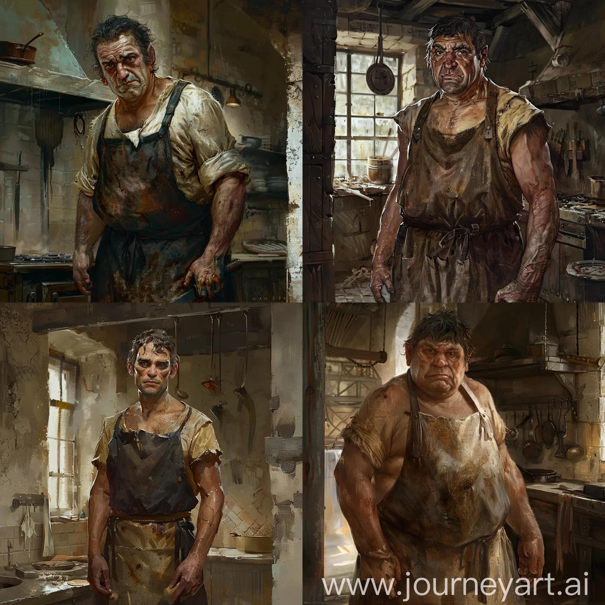 Draw a realistic art of a character from the Dungeons and Dragons universe according to the following description:
He is crooked human cook. He is dressed in a dirty apron. His face looks is dirty but healthy.

Hi is standing in the old filthy kitchen