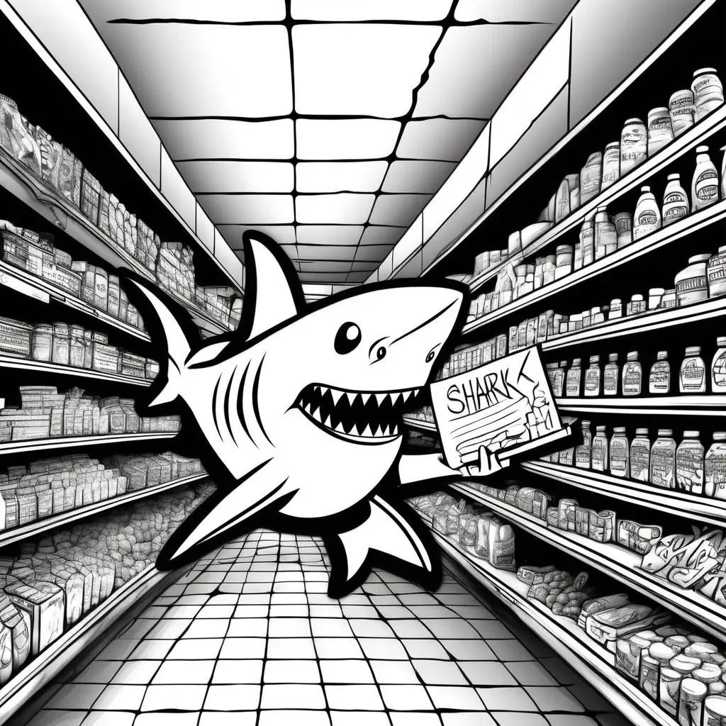 sharkman writing graffiti in the supermarket no shading, no color, dark lines, no shading, coloring pages