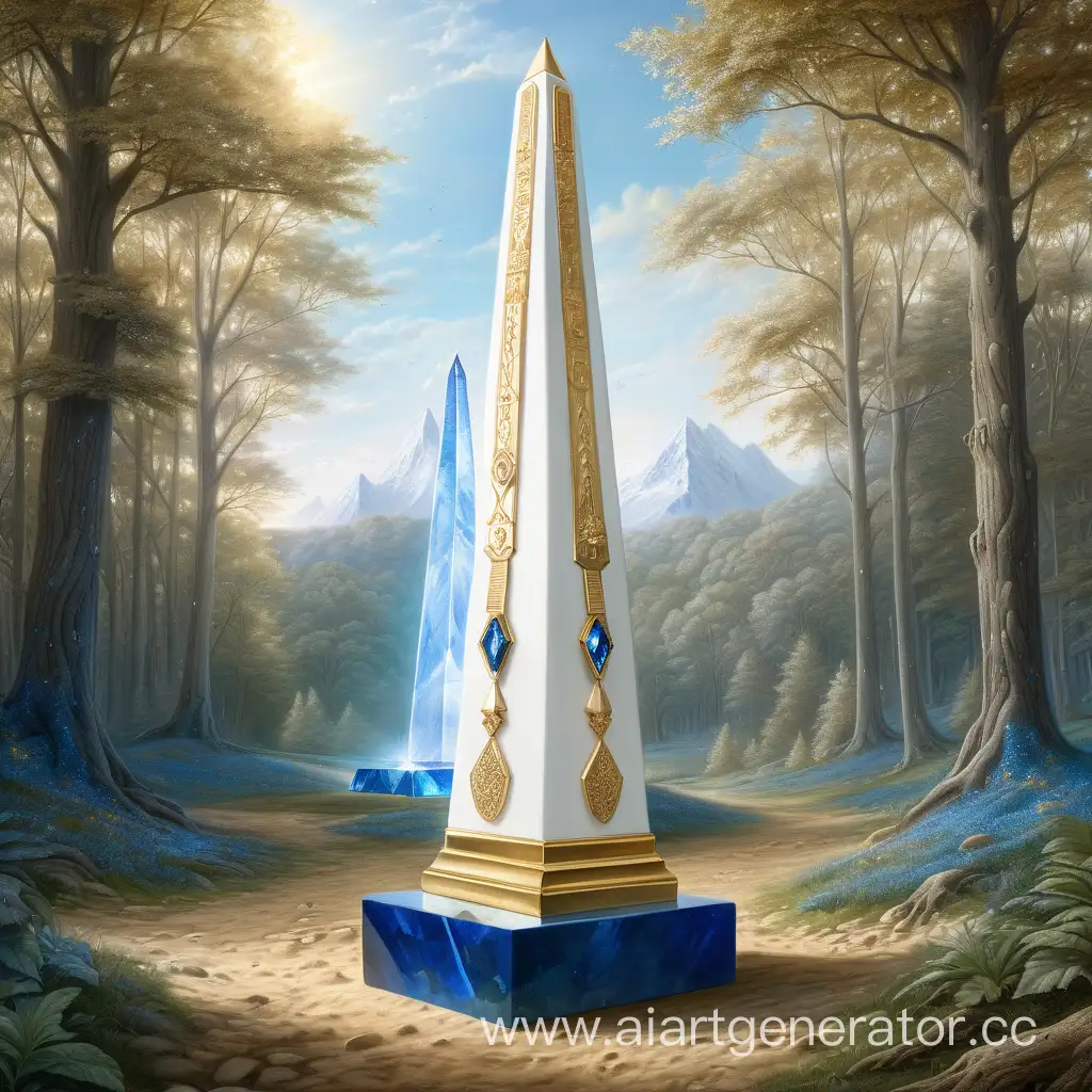 GoldenAdorned-White-Obelisk-with-Blue-Crystal-Peak-in-Forest