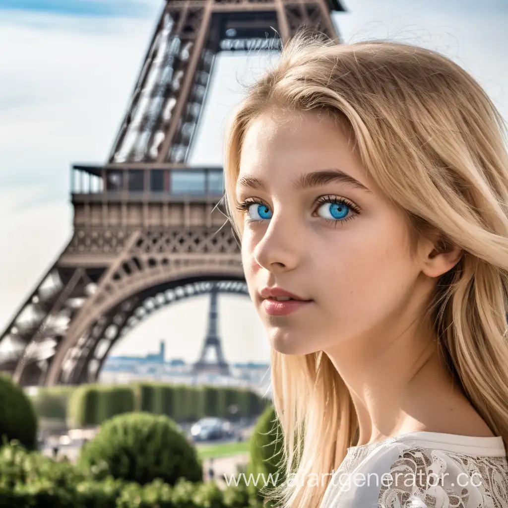 Девушка с блондинистыми волосами и голубыми глазами возле Эйфелевой башни