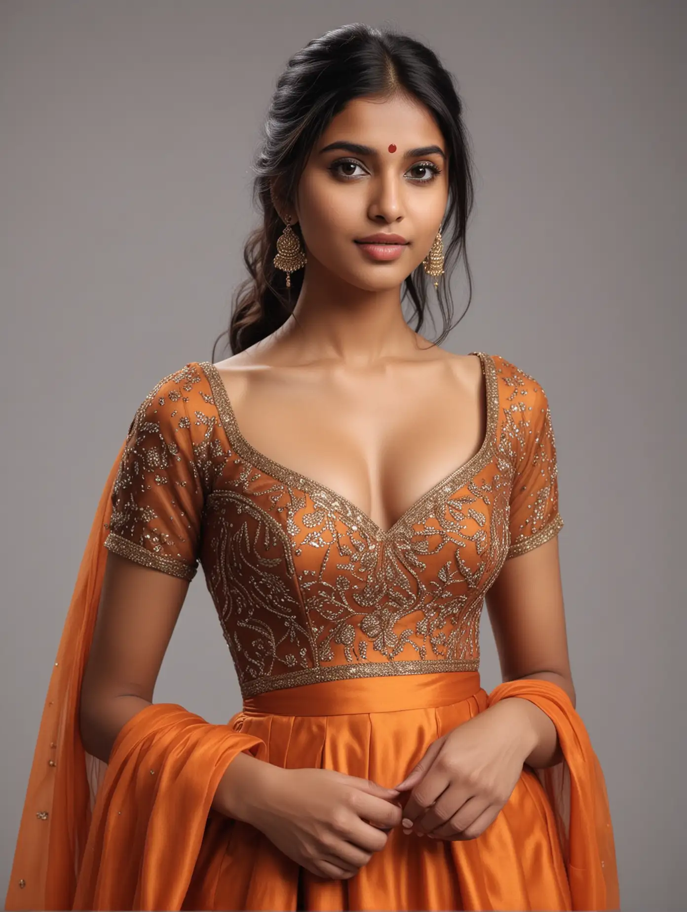 Indian Girl in Elegant OrangeChocolate Gown against Monochrome Background