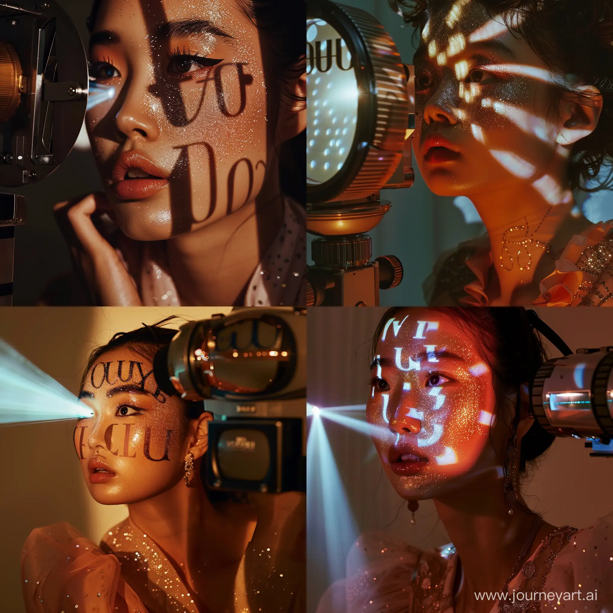Обложка журнала Vogue, Корея, светит на лицо проектор, проекторная съемка, тень иероглифы, глиттер на лице, персиковый макияж, мода, случайная поза, 1/250s, ISO 100, высокая детализация