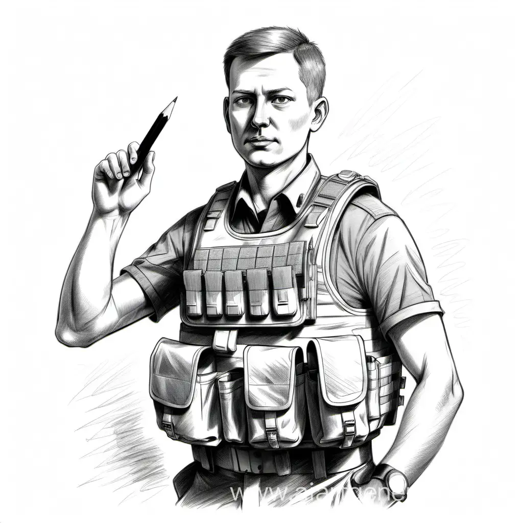 Военный  корреспондент в бронежилете press нарисованный карандашом