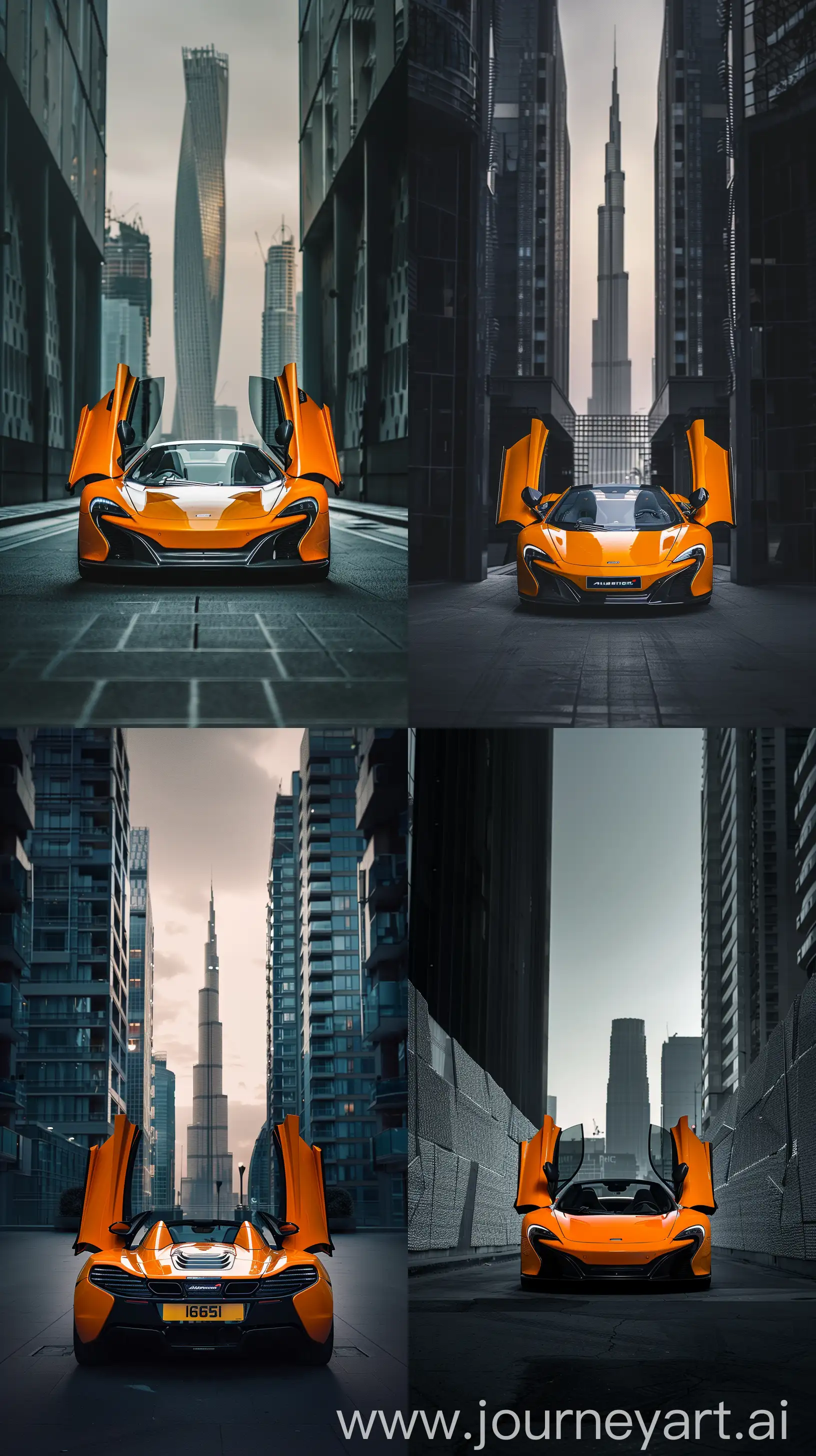 Silhouette-of-McLaren-650s-Spider-in-Bright-Orange-with-Opened-Doors-Between-Futuristic-Silver-Gray-Buildings-and-Skyscraper-Background