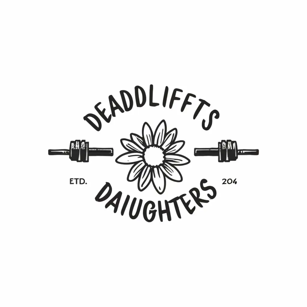 a logo design,with the text "Deadlifts and Daughters", main symbol:daisy, Barbell,Minimalistic,be used in Sports Fitness industry,clear background