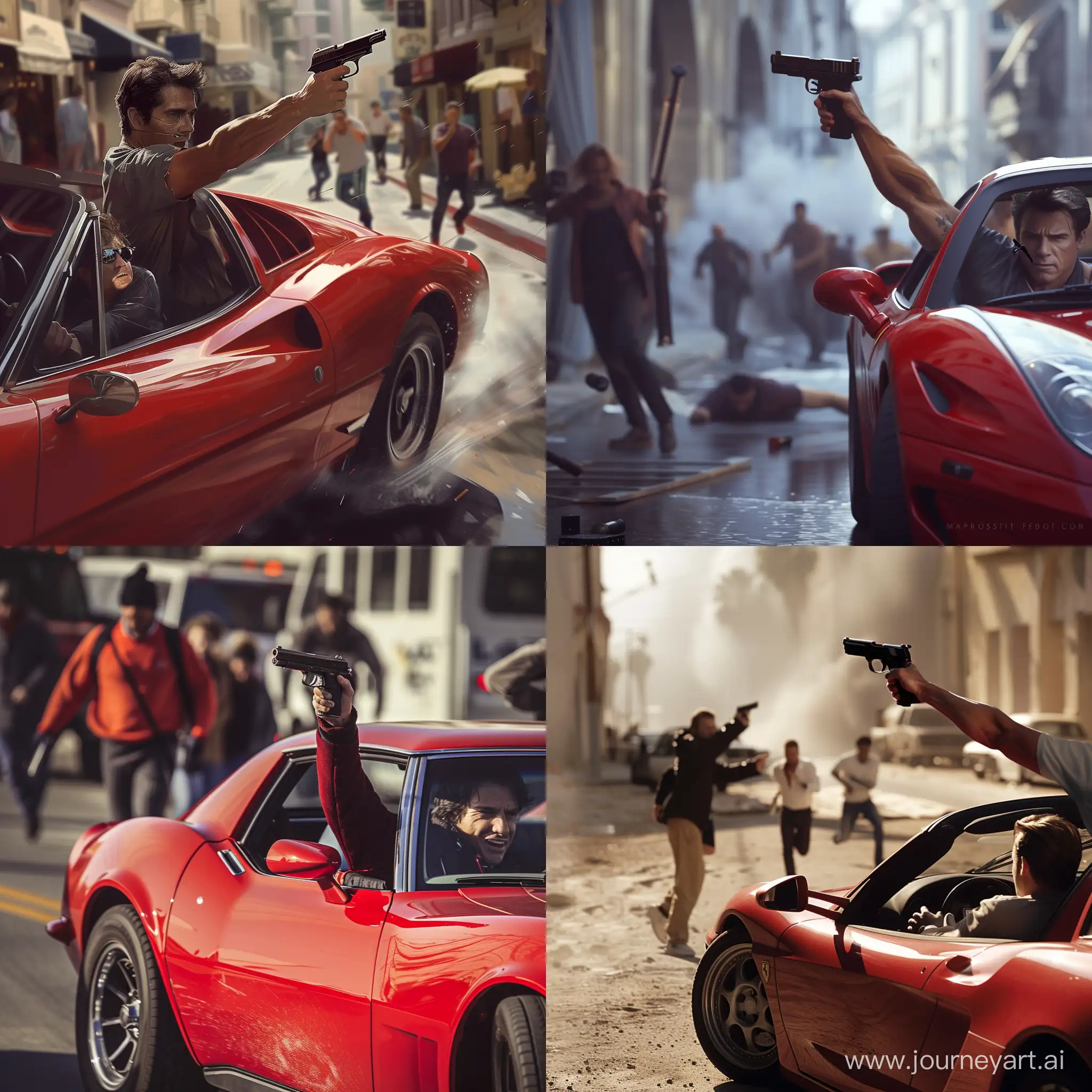 photo-realistic, a male hollywood actor in a red sports car holds a pistol out his window as he does a drive by on a film set,the crew runs away