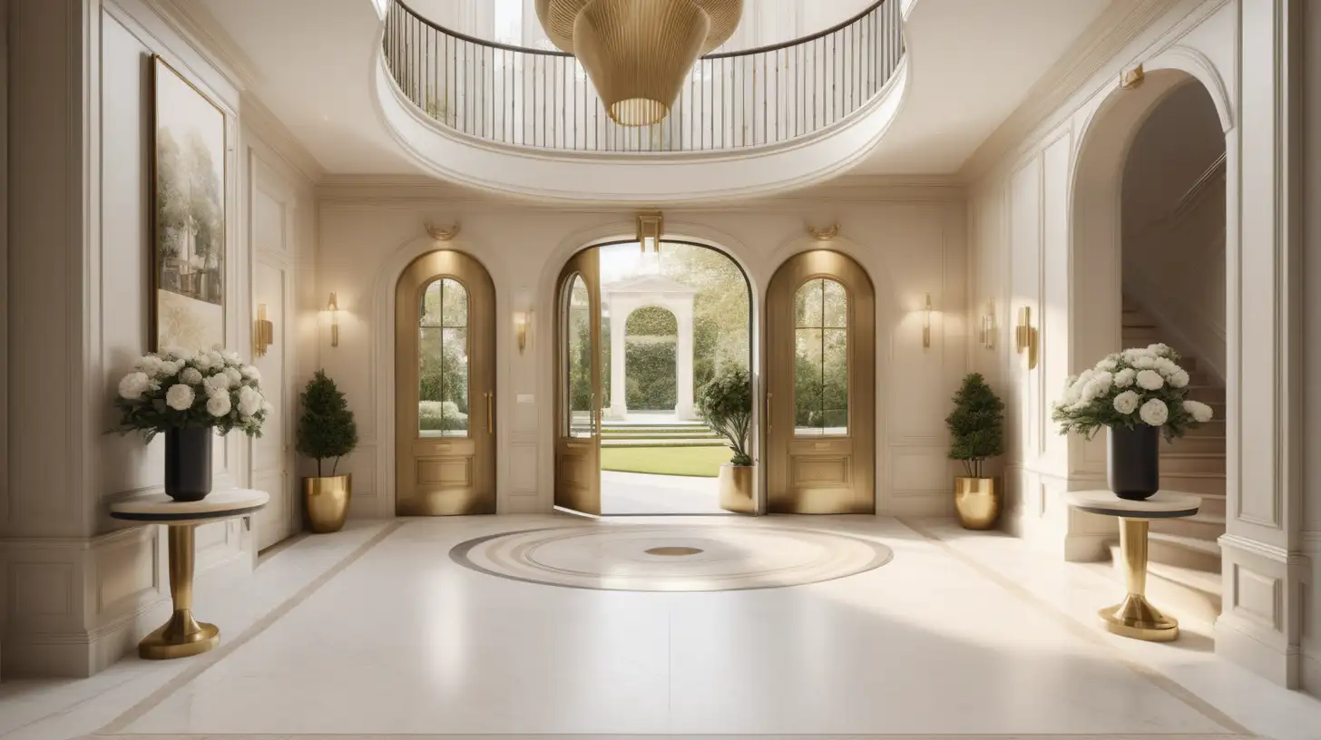 Luxurious Parisian Estate Foyer with Curved Staircase and Garden View
