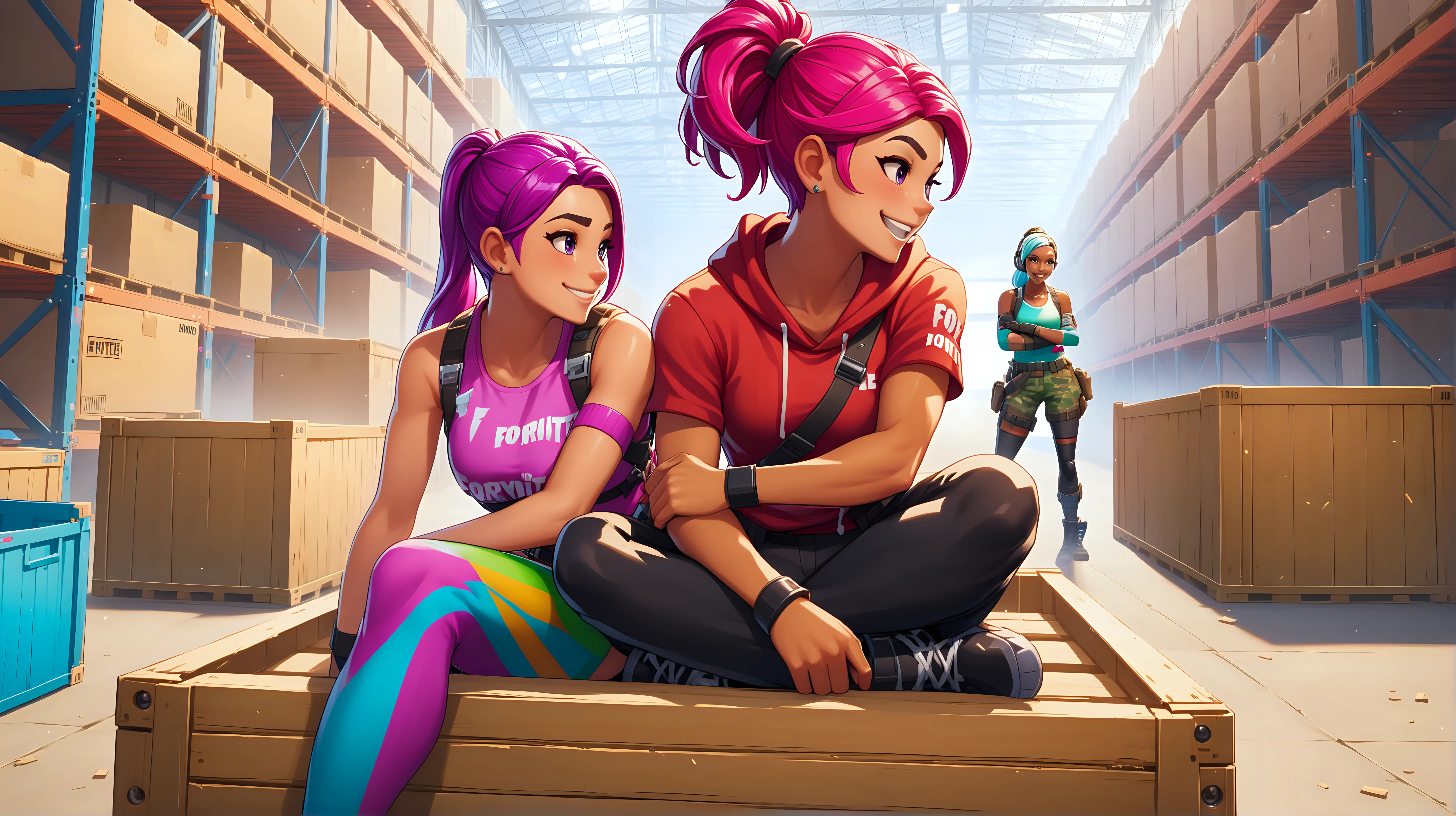 There are two colorful woman and man Fortnite characters,
the location is inside a warehouse,
they are sitting on a crate,
they are smiling,
there is fighting in the background,
Caucasian