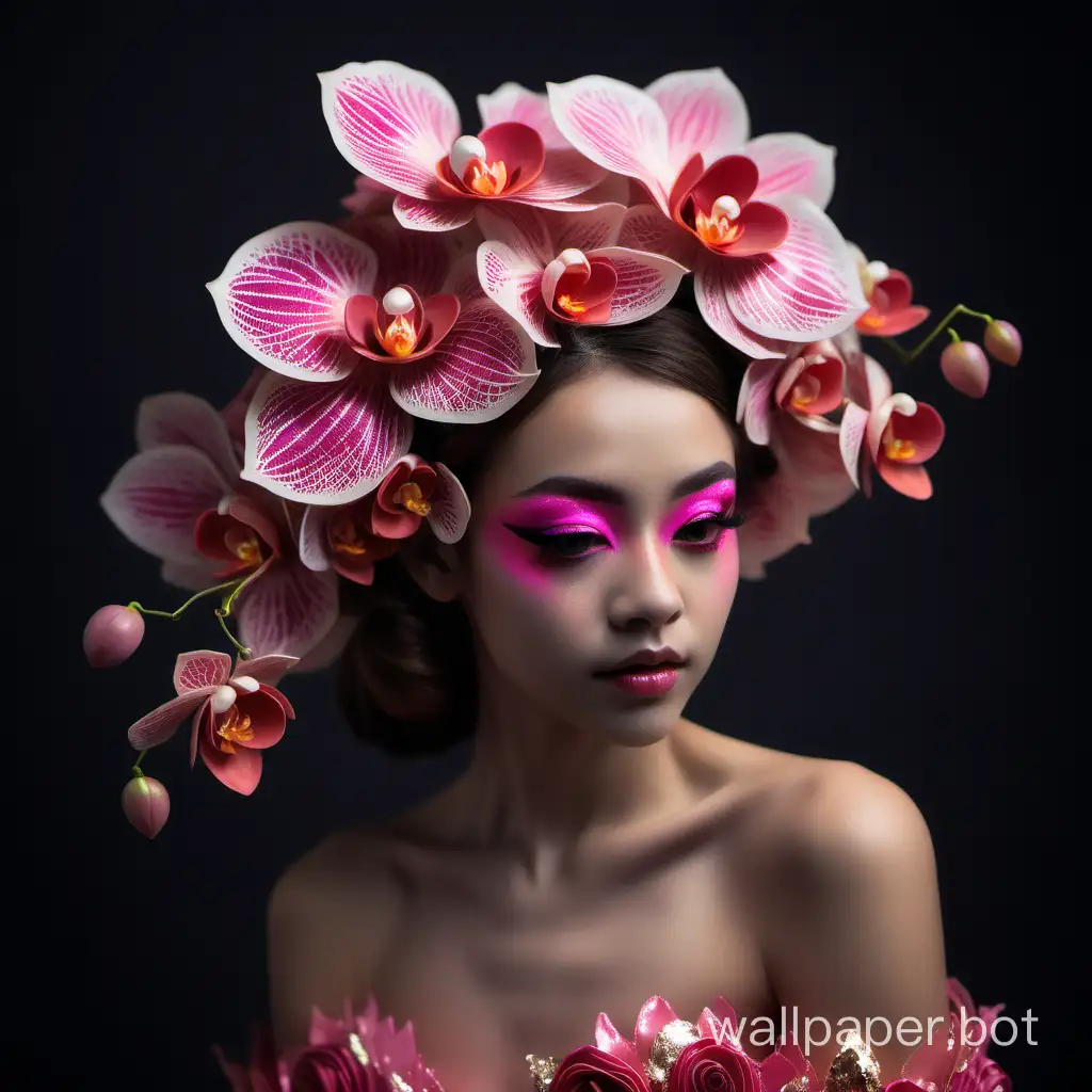 A photo taken shows a close-up of a young woman, wearing a large floral headpiece adorning realistic-looking phalaenopsis orchids. She wears neon eye make up with glitter. She wears a gown made from real peony flowers in coral pink.   Add an excellent visual focus to the headpiece, show the girl's personality and taste, and create a unique visual effect. Through the processing of light and details, the brightness and texture of the flowers are highlighted. Make sure that the girl's headpiece and the gown she designs complement each other, balancing and complementing each other. The final design is a real photo, and the final design should be stylish and impressive.