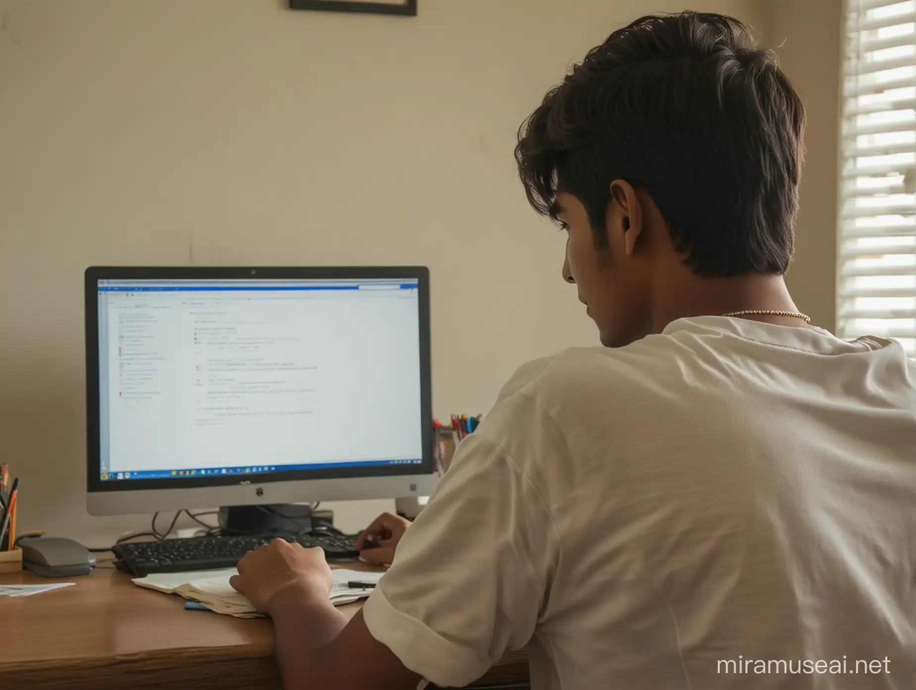 an indian youth writing on a computer with his back facing the camera and he is sitting in his room