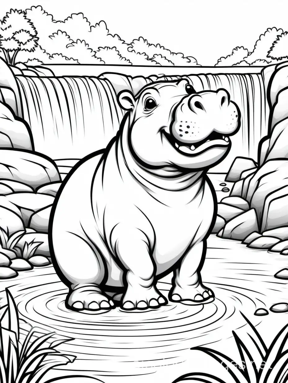 Baby hippo playing in river, waterfall in background , Coloring Page, black and white, line art, white background, Simplicity, Ample White Space. The background of the coloring page is plain white to make it easy for young children to color within the lines. The outlines of all the subjects are easy to distinguish, making it simple for kids to color without too much difficulty