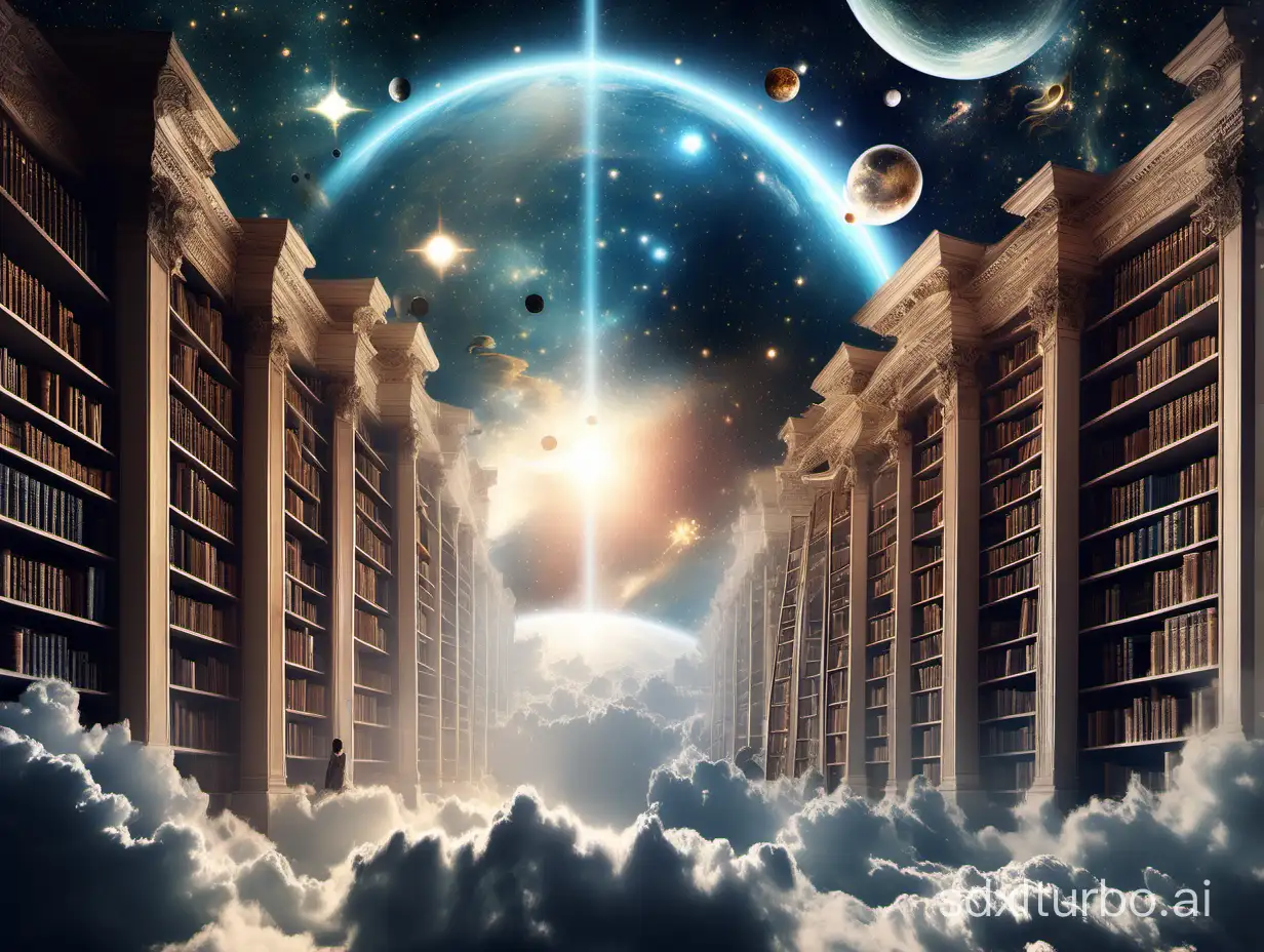 Create a dreamlike scene of a celestial library hidden within the clouds, where towering bookshelves stretch endlessly into the heavens, filled with volumes of knowledge from across time and space, guarded by wise celestial beings.