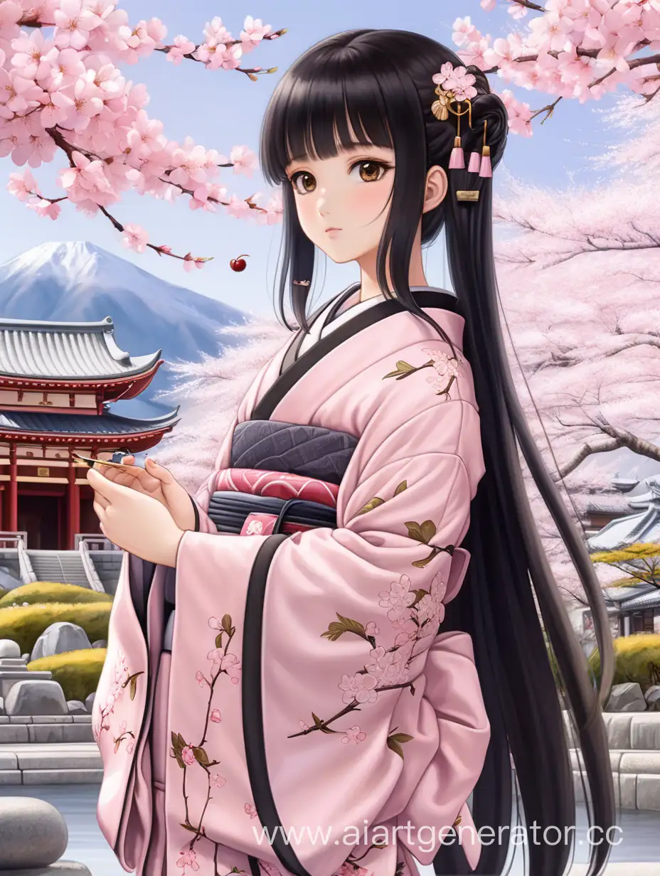 Девушка 17 лет с белой кожей, длинными распущенными чёрными волосами, в нежно розовом кимоно с узорами в виде цветов сакуры. В волосах золотая заколка в форме сакуры. На фоне храма. Изображение в полный рост. 