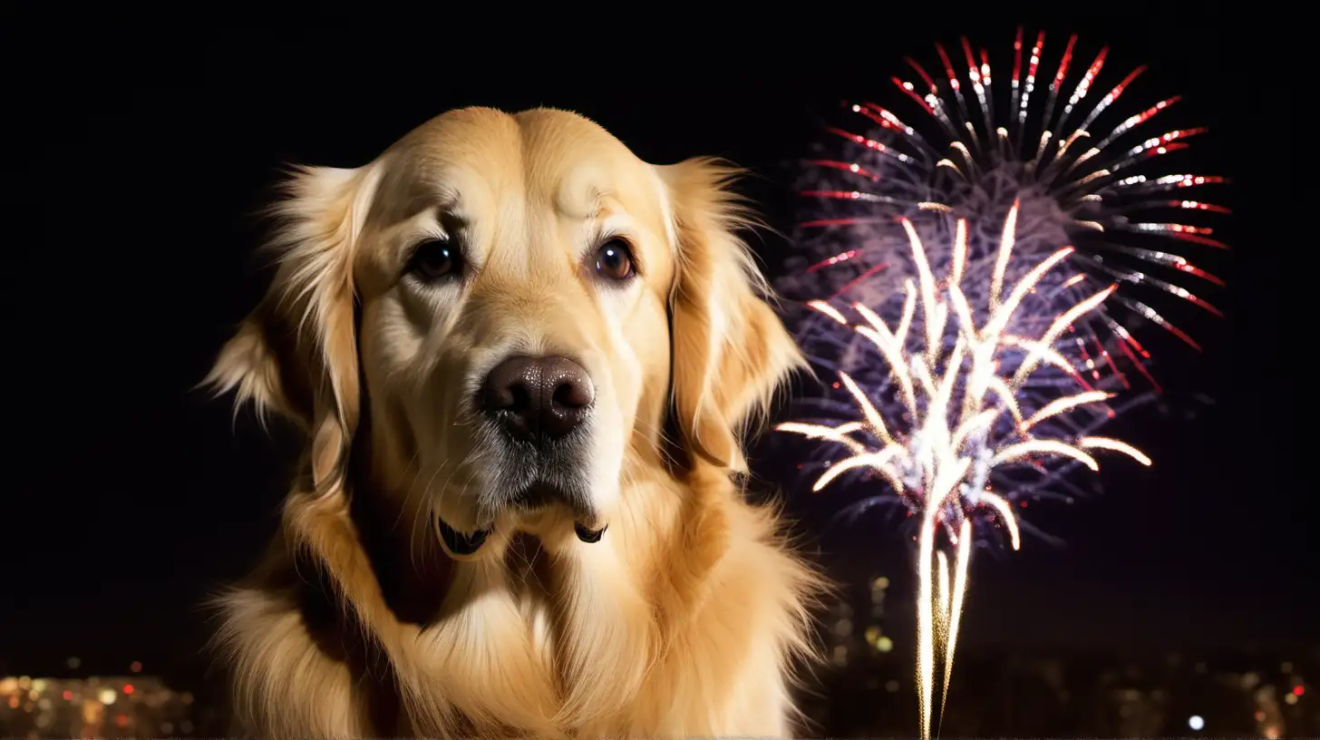 Golden Retriever Celebrating New Years Eve with Dazzling Fireworks