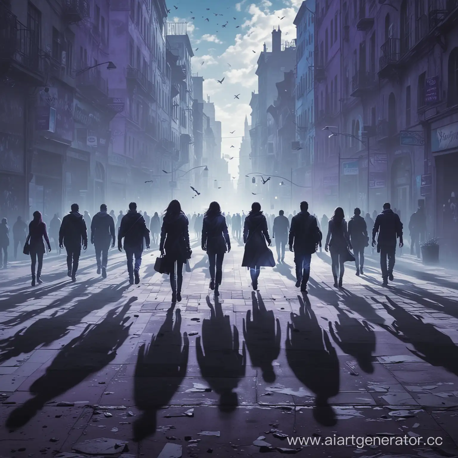 тени людей летают на фоне города тела силуэты городское фентези серый синий фиолетовый реализм