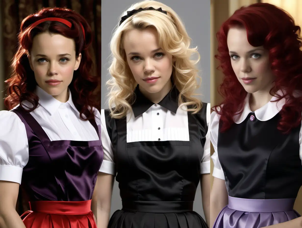 litle girls in long crystal satin retro maid lilac black uniforms and milf mothers long blonde and red hair,black hair rachel macadams