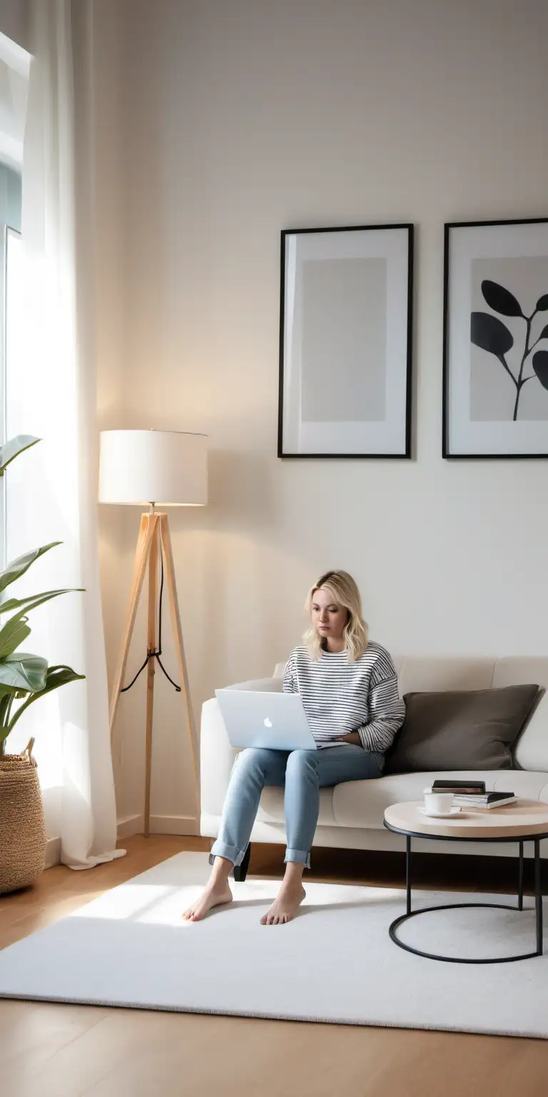 Modern Living Room Ambiance Blonde Woman Immersed in Laptop Work