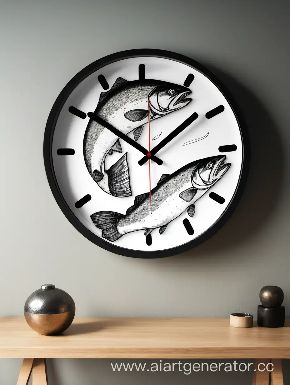 Круглые черные настенные часы с изображенным кусочком мяса лосося на циферблате в стиле скетча дизайнера