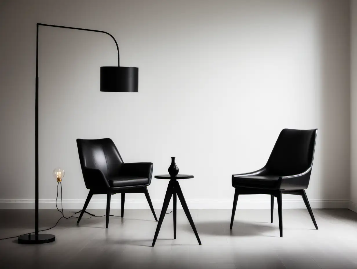 Commercial Photography, modern minimalist room interior with black chair and floor lamp
