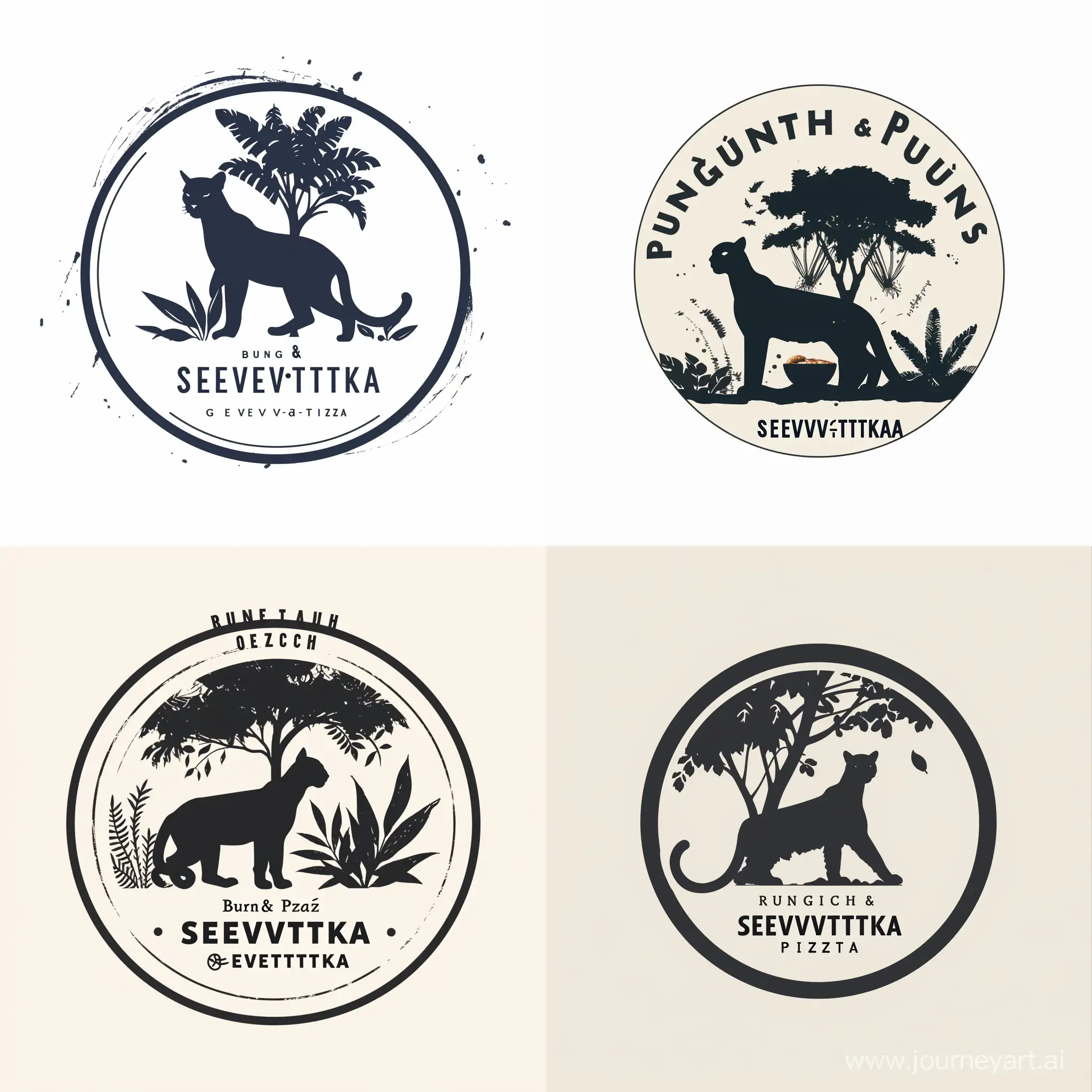 Haz un logo a dos colores para un restaurante.
Que sea circular.
En el centro la silueta de un puma. Detrás del puma un árbol que sea de selva.
Que tenga escrito arriba Brunch & Pizza y hasta abajo que diga gourmet.
Que junto al puma o debajo de él diga SELVÁTIKA.
