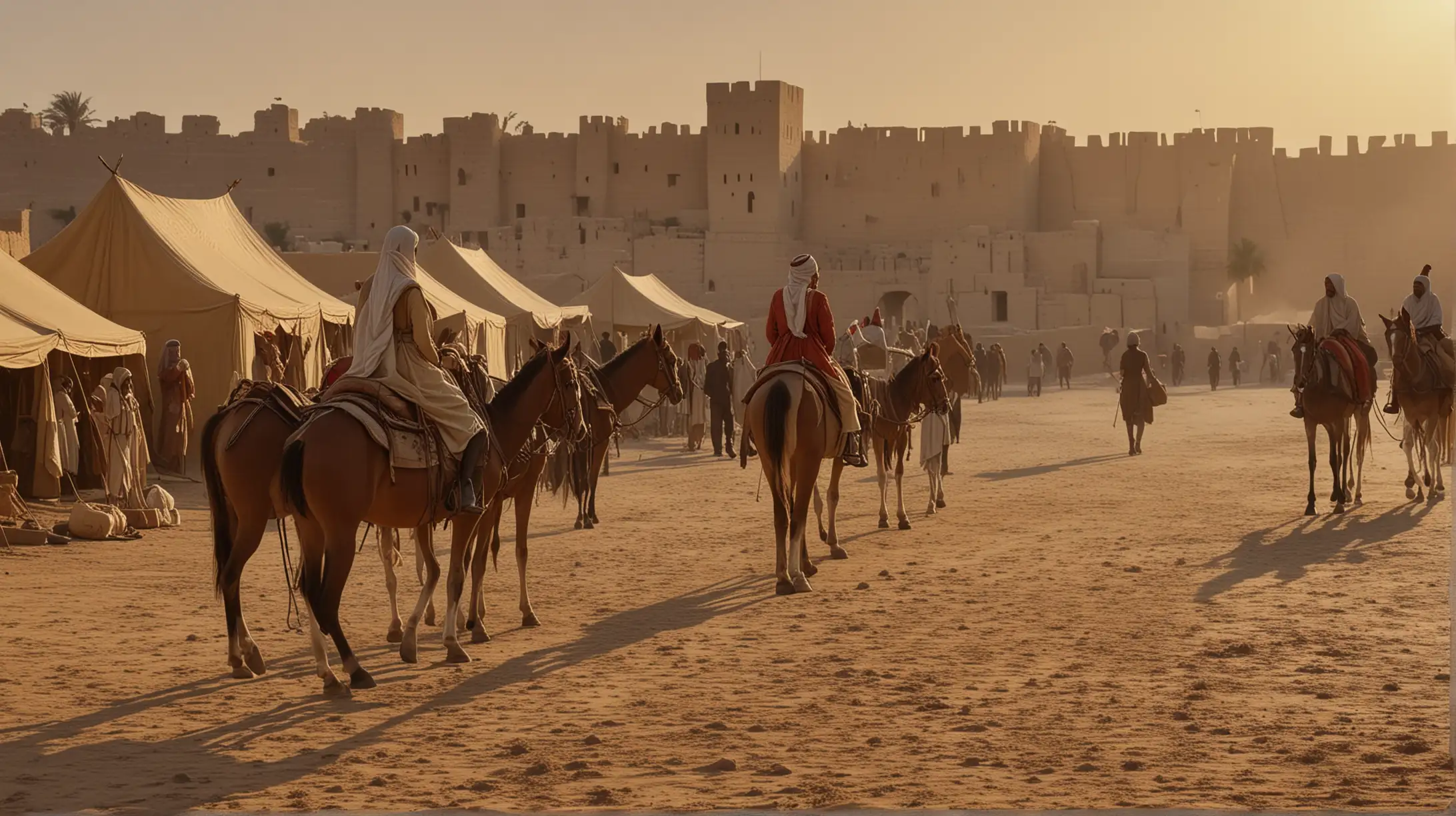 outside the city walls of Sheba, the Queen servants loading  tents and gifts on horses and donkeys, before their journey to meet king Salomon, four legs only camels and horses  richly adorned,, early dawn, soft light, close-up, very realistic and cinematic, Cecil B. de MIlle's Ten Commandment style 