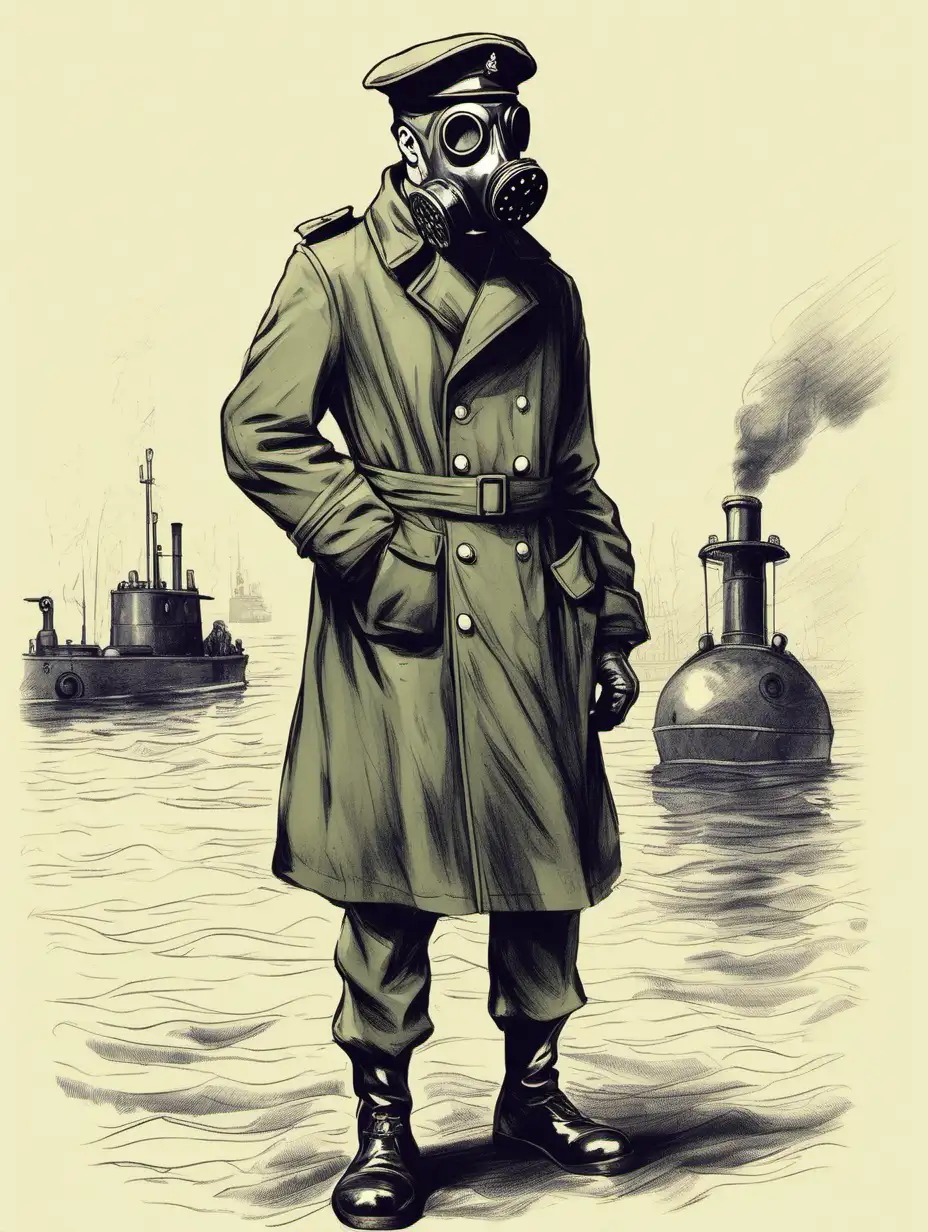 Submarine Interior Gas MaskClad Soldier in Overcoat and Military Flat Cap