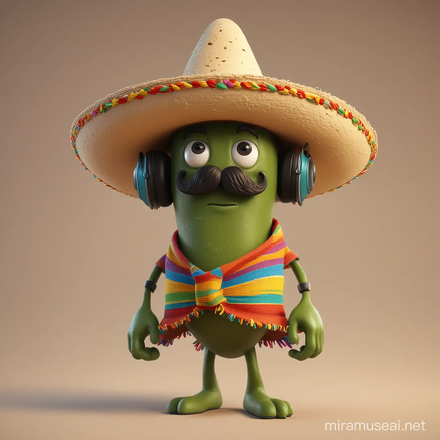 JALAPEÑO Character with a mustache and sombrero 
wearing headphones and a zarape
pixar style high quality 4k


