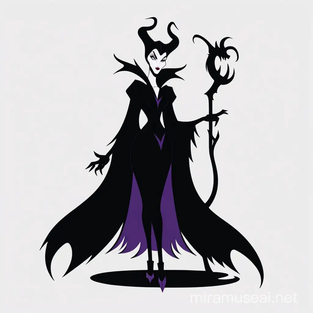 Maleficent from disney, full body, minimalist, vector art, colored illustration with a black outline.