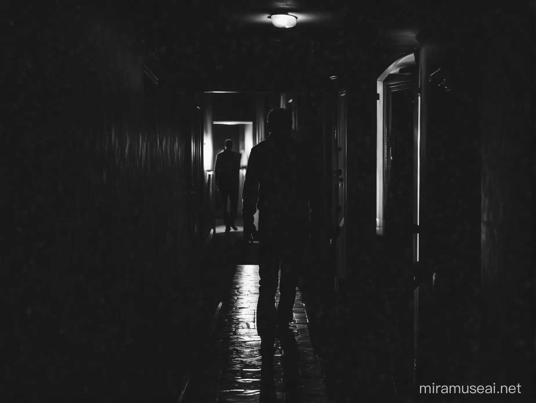 Mysterious Man Silhouette in Dimly Lit Hallway at Night