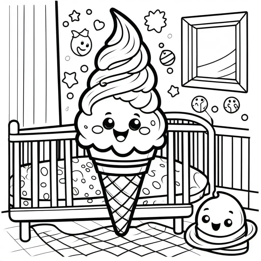Black and white full page coloring page for kids, cute, Jolly the Icecream, dressed in pajamas, cone body, brushing its teeth before bed in a cozy bedroom, full page, no borders, simple, shapes with black lines, printable outlined art, thin lines, no shades, crisp lines --style 4b --v4-, white background