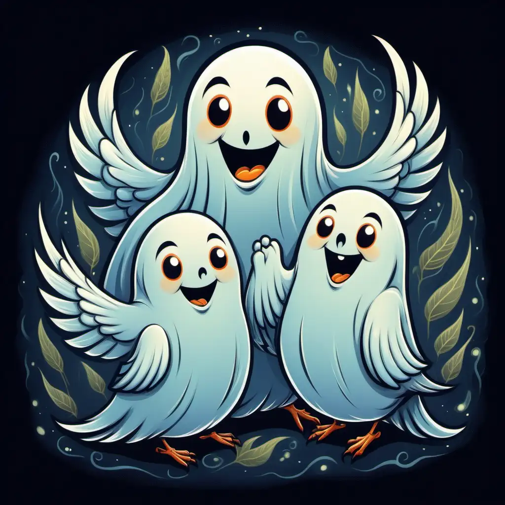portrait cartoon of Bird Ghost, with smiles, hugs, and a sense of togetherness,