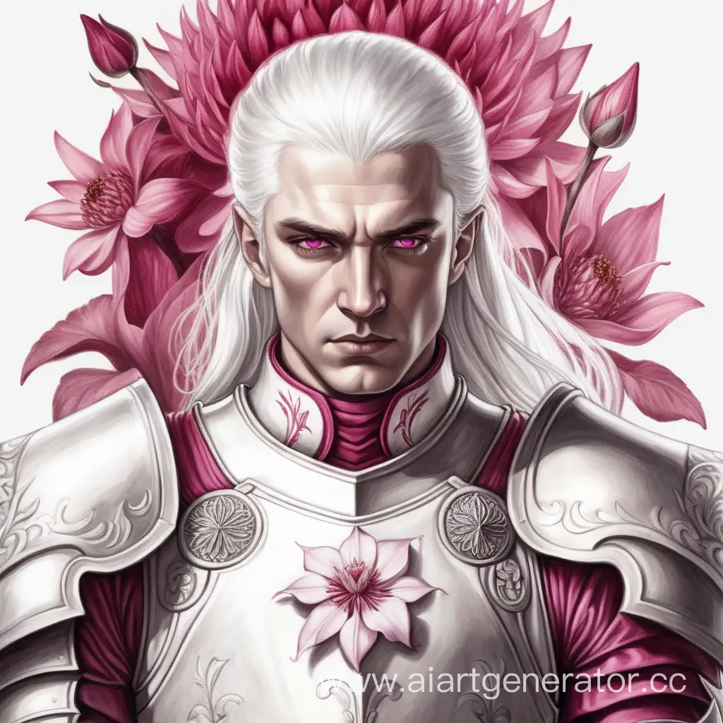 Лорд мужчина, сексуальный и красивый, белые волосы и розовые глаза, в белых доспехах украшенных огненным цветком, алая одежда, игра престолов, соблюдение пропорций, рисунок карандашом