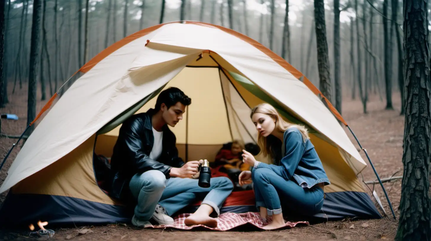 create a young sexy couple camping in a forest with a tent, shot with a slr camera on kodak gold 400



