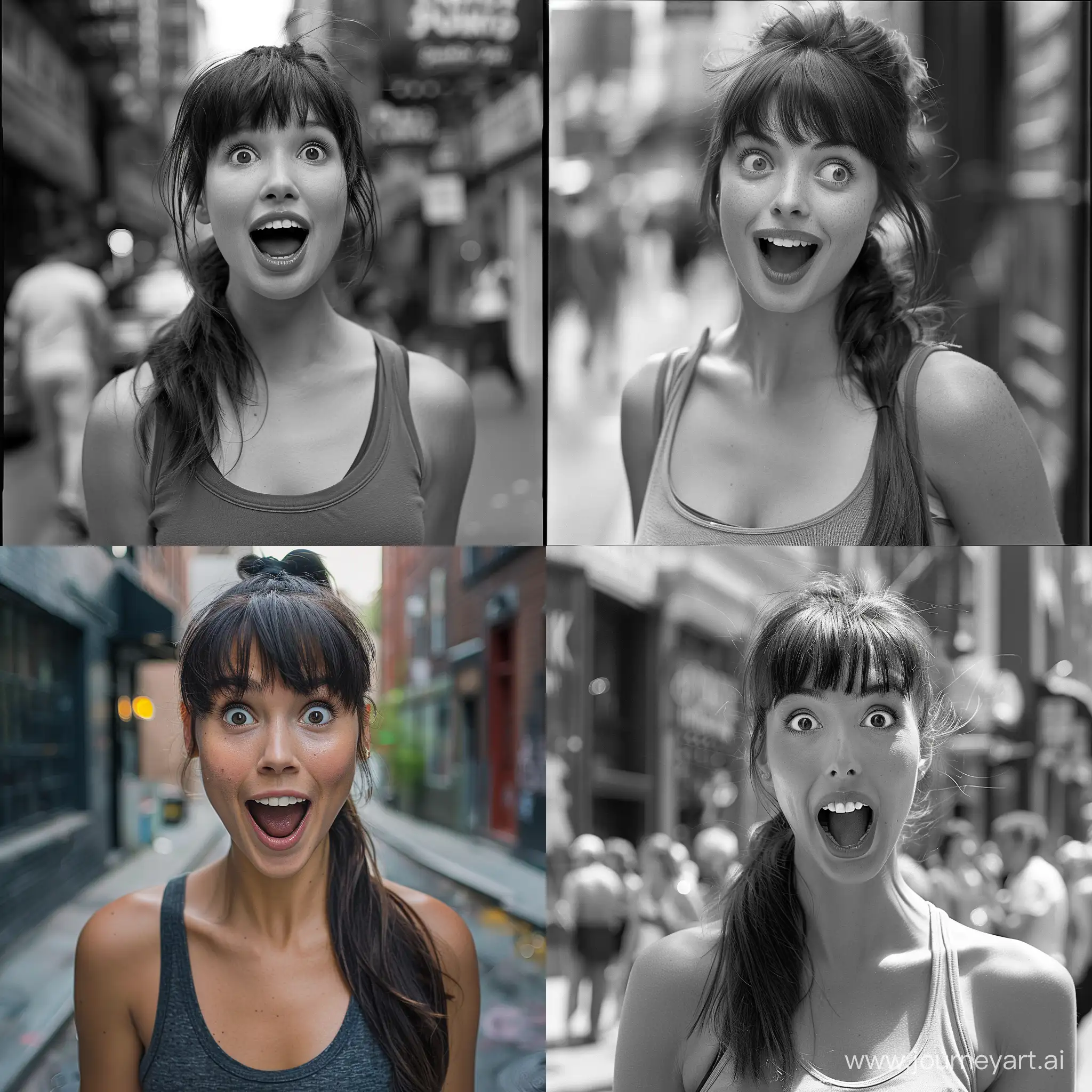 brunette woman, street candid, tanktop, lookinng surprised, 30 years old, big mouth, long neck, prominent cheekbones, wide eyes, shy, smiling, ponytail, protruding ears, bangs, Photography In the style of Annie Leibovitz