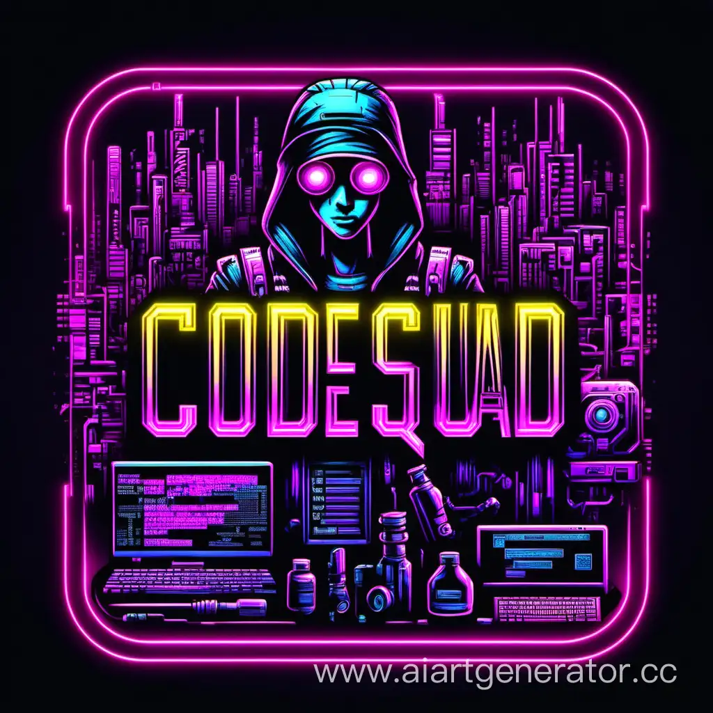 нарисуй напись CODESQUAD на черном фоне в стиле cyberpunk neon 