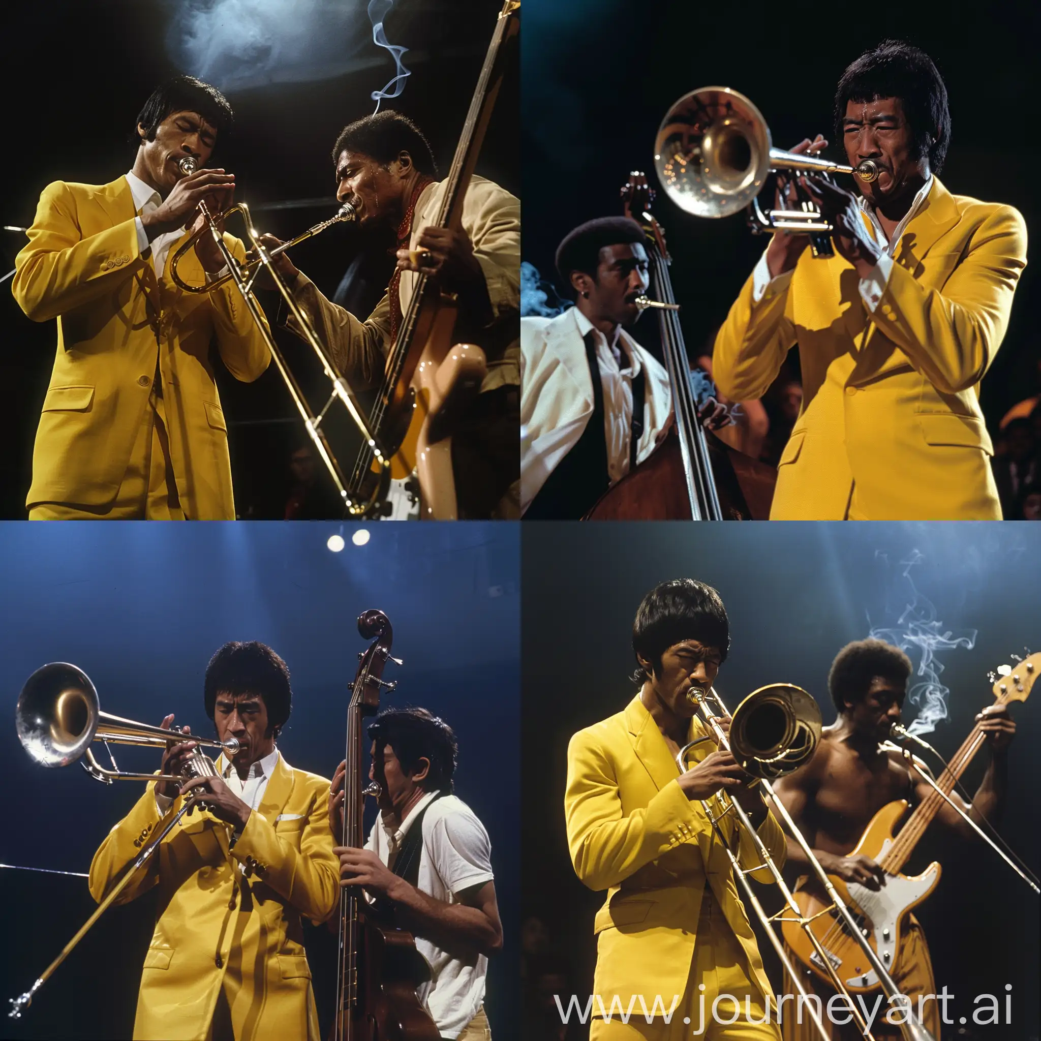 Bruce-Lee-Playing-Trombone-in-Yellow-Suit-Karen-AbdulJabbar-Playing-Bass-in-a-Smoking