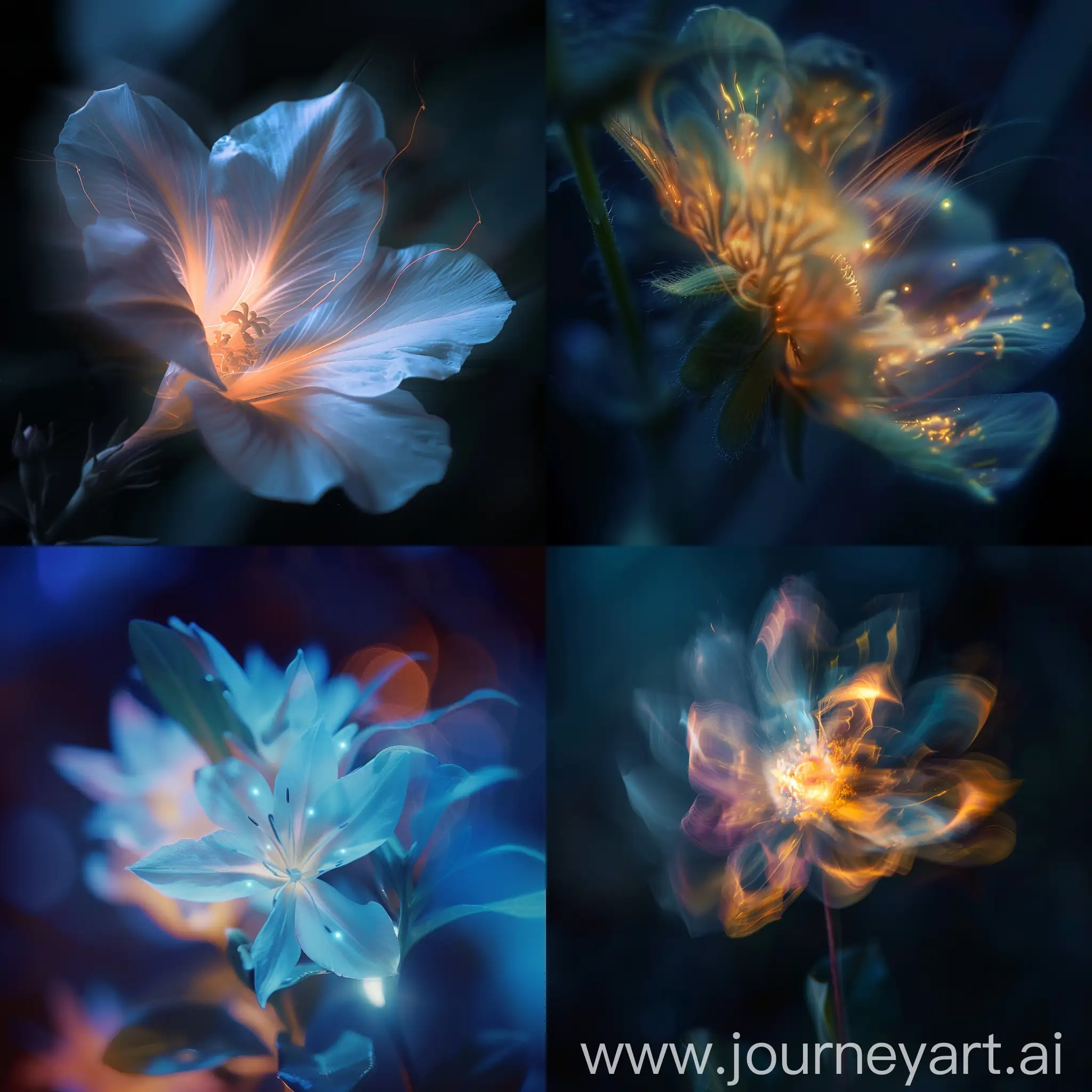 a flower, night, with glow and blur, zoom