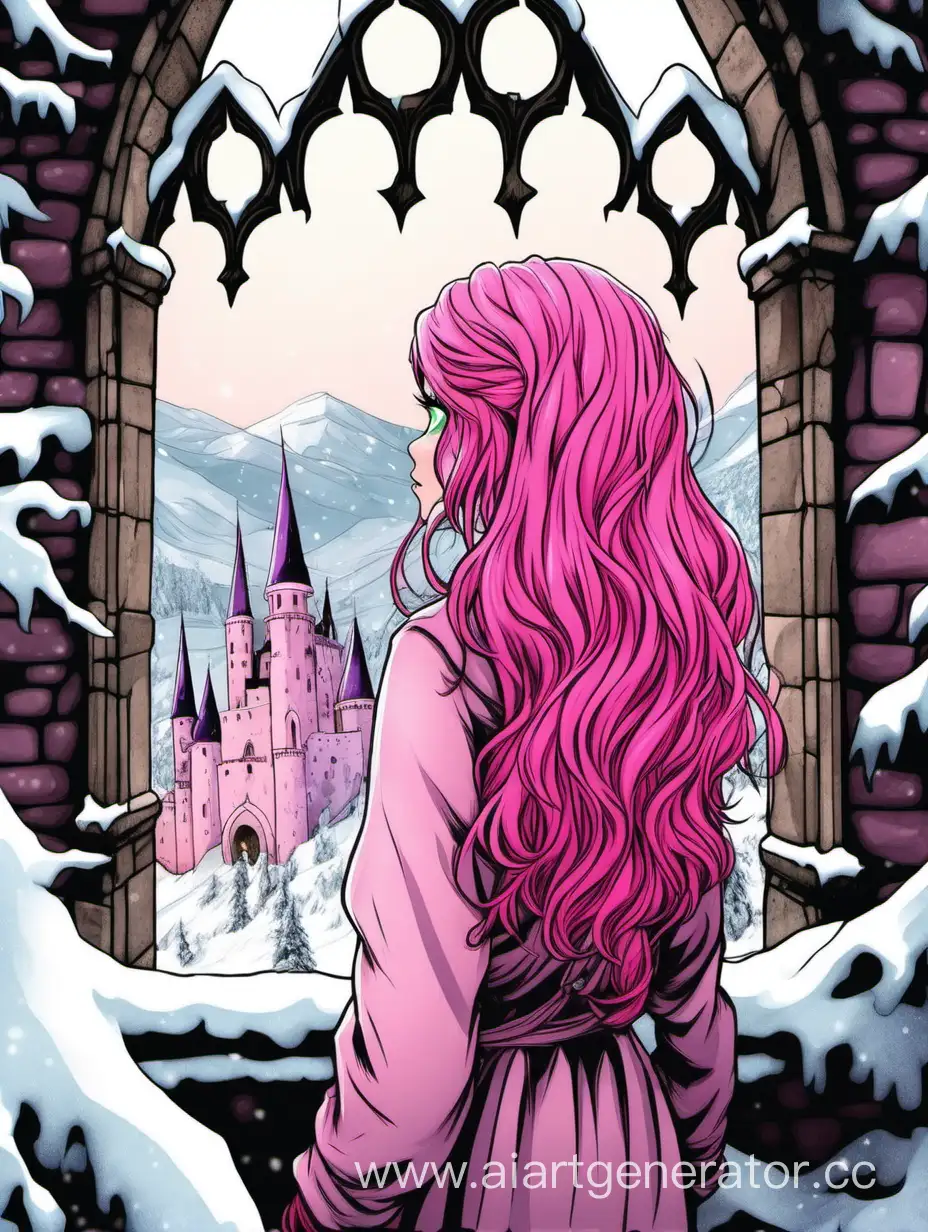 Розоволосая девушка с розовыми глазами смотрит в окно замка на снег