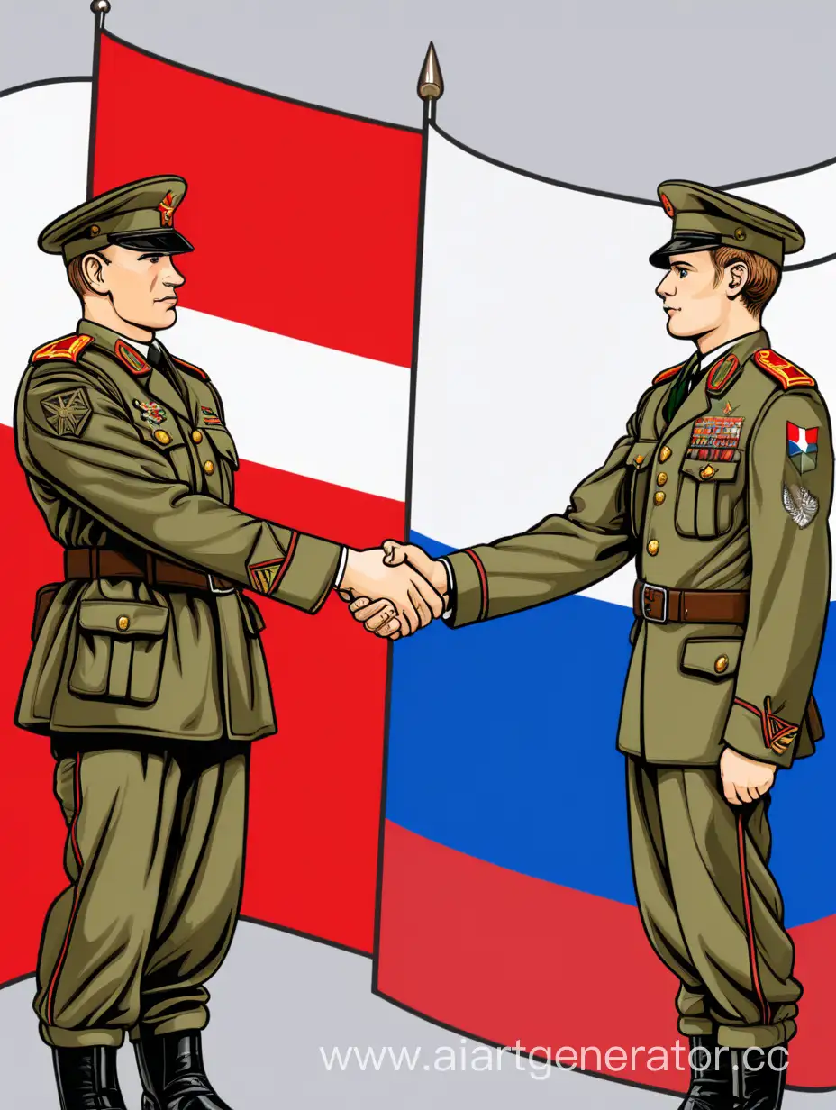 Russian-and-Texan-Soldiers-Shake-Hands-Against-Dual-Flag-Backdrop