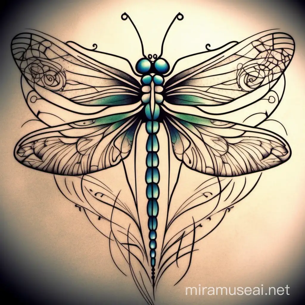 prepare a tattoo design based on this photo. Let the design include a dragonfly and delicate lines with, for example, a lotus flower