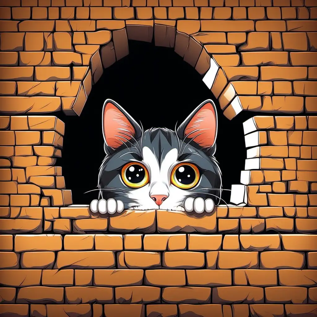 a cat peeks out of the wall, vector art, 2d
