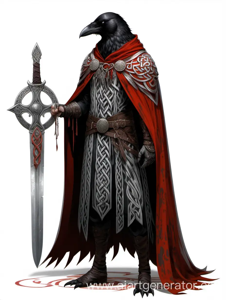 1man, cape, full body, crow head, crow head instead of the human's one, red and silver patterns on clothes, celtic ornaments, sword in hand, solo, standing, white background, elden ring vibes, concept, concept art