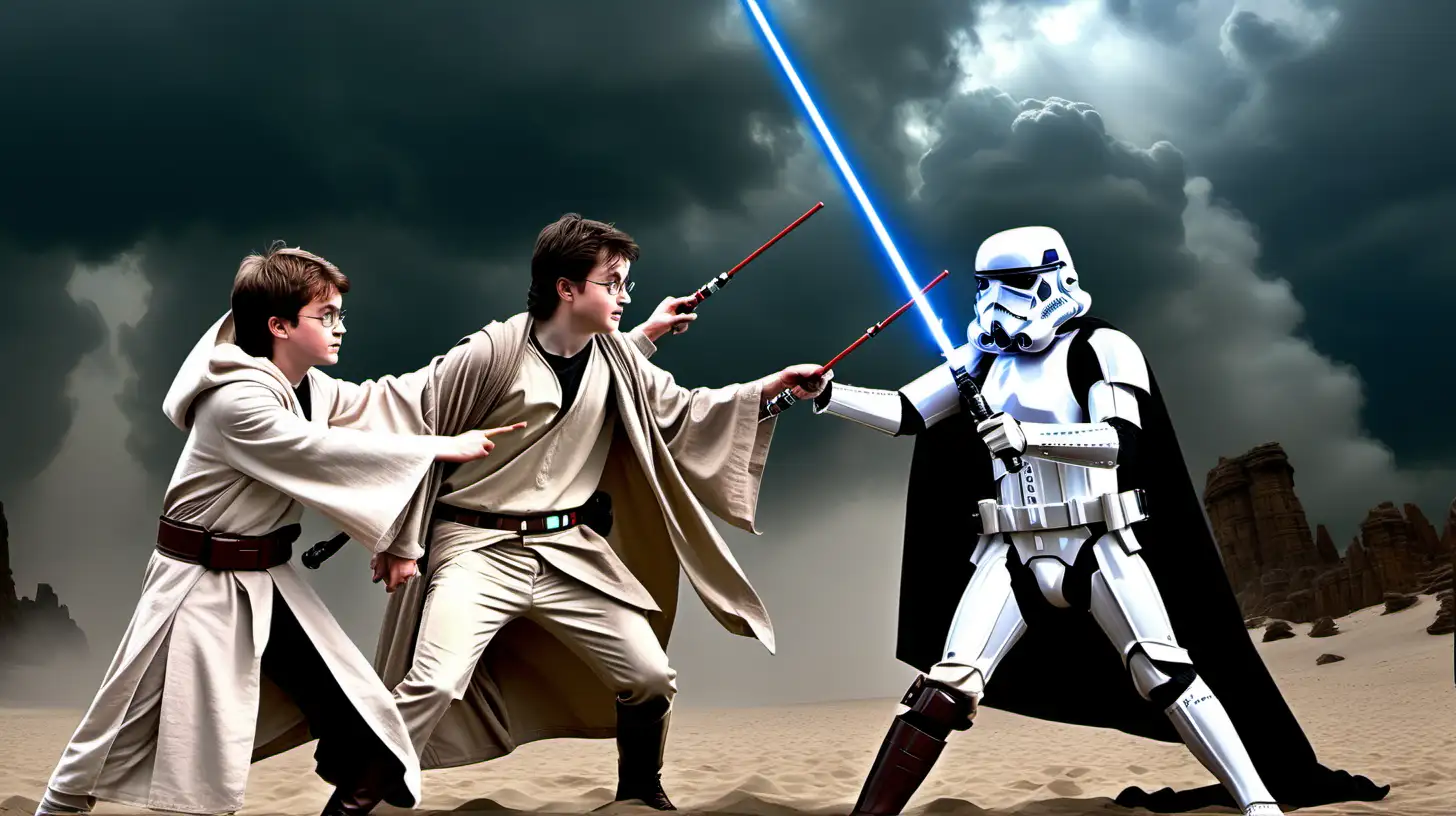 Harry Potter as Star Wars jedi fighting a storm trooper with his magic wand
