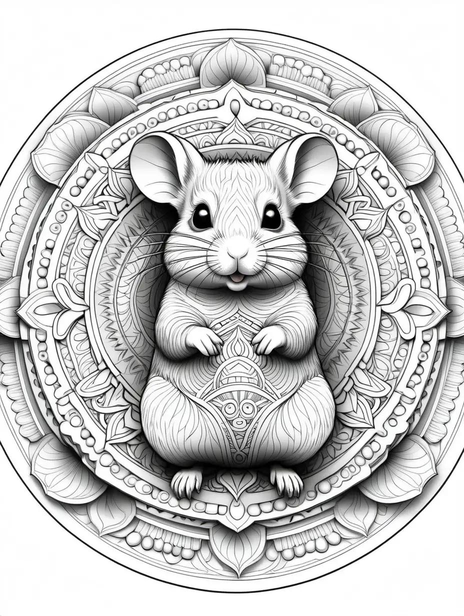 Exquisite 3D Symmetrical Mandala Coloring Page with Intricate Hamster Linework