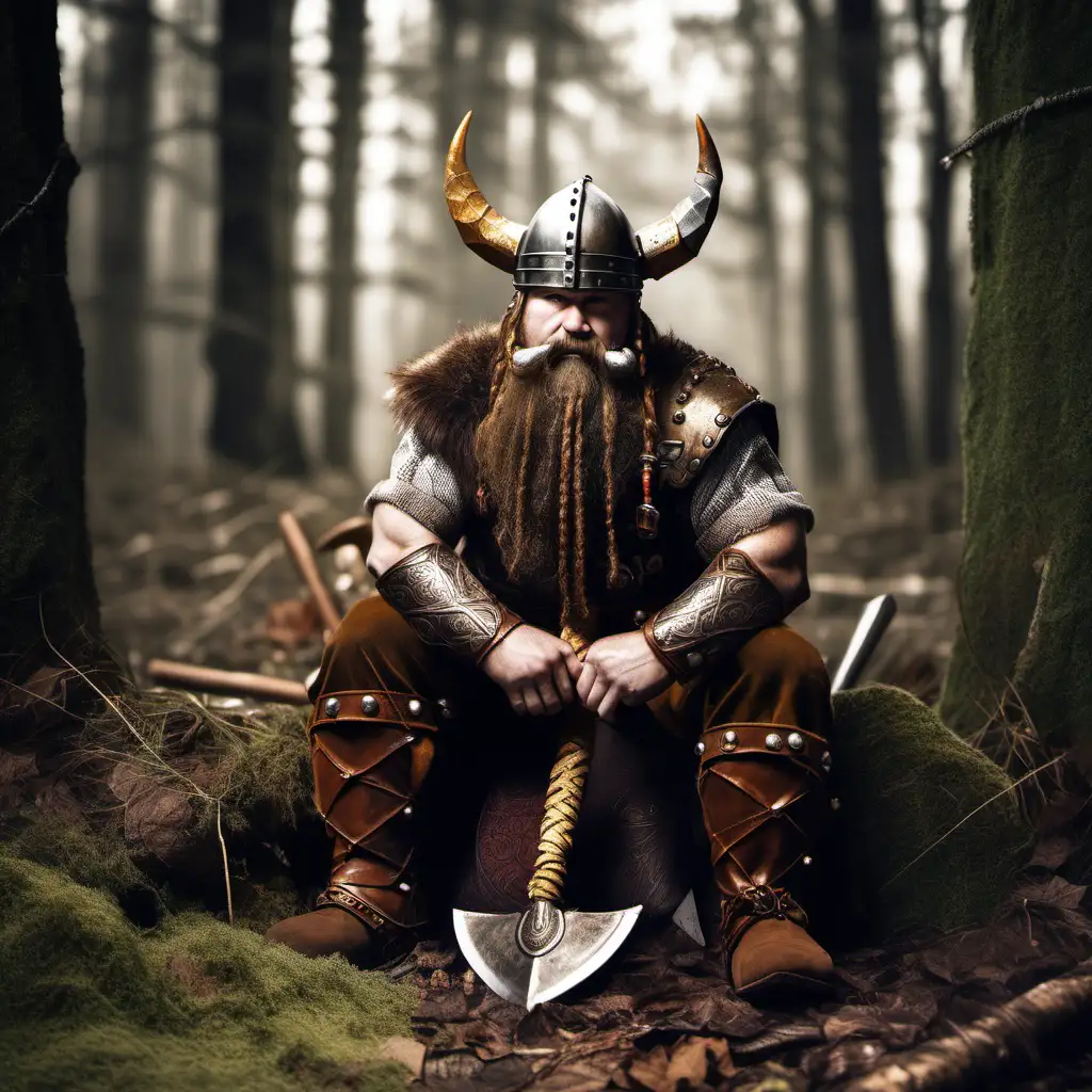 dwarf warrior, horned Viking helmet, brown hair, split beard, beard beads, beard bands, sitting down, axe on the ground, forest, day