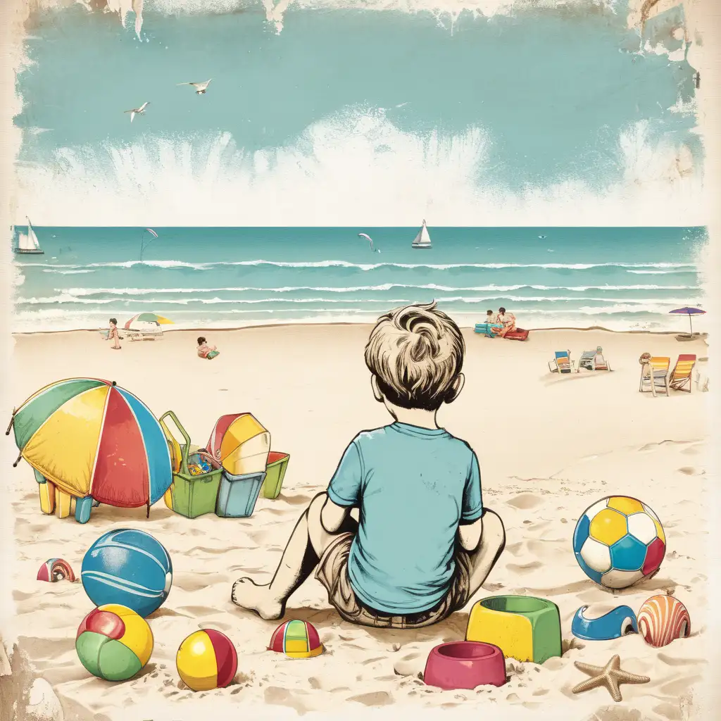 beach full of beach toys illustration with a boy sitting looking at the water, 7 colors in design, distressed edges
