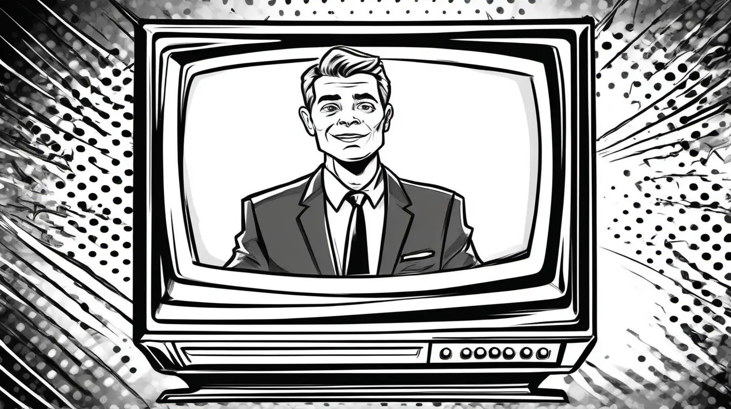 Television News Anchor Reporting in Comic Style Black and White