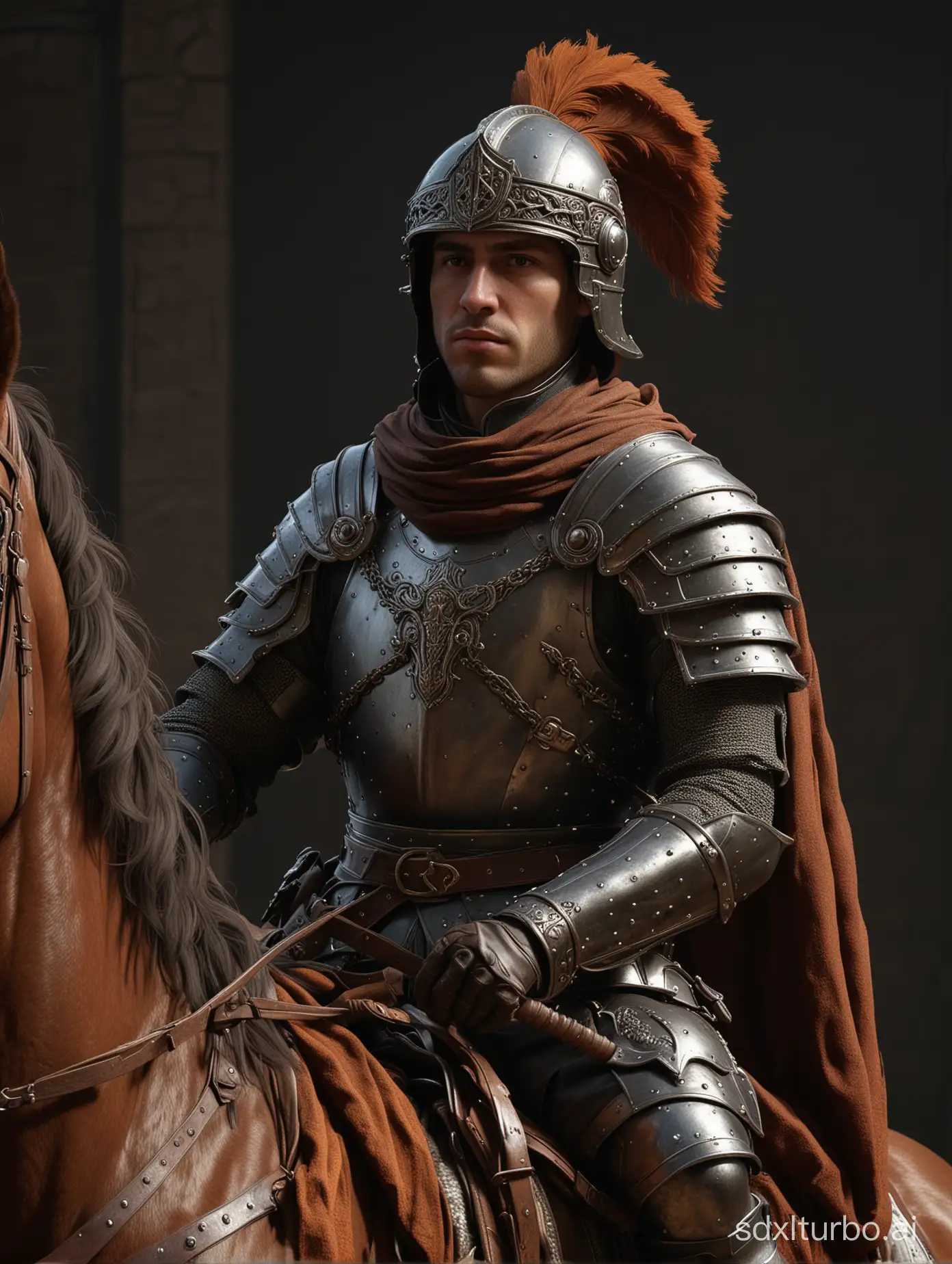 A handsome knight in his 20's wearing a European helmet and armor,  on a brown horse, looks away, perfect composition, beautiful detailed intricate insanely detailed octane render trending on artstation, 8 k, photorealistic concept art, soft natural volumetric cinematic perfect light, chiaroscuro,  masterpiece, caravaggio, greg rutkowski , lookind perfect composition, beautiful detailed intricate insanely detailed octane render trending on artstation, 8 k, photorealistic concept art, soft natural volumetric cinematic perfect light, chiaroscuro,  masterpiece, caravaggio, greg rutkowski