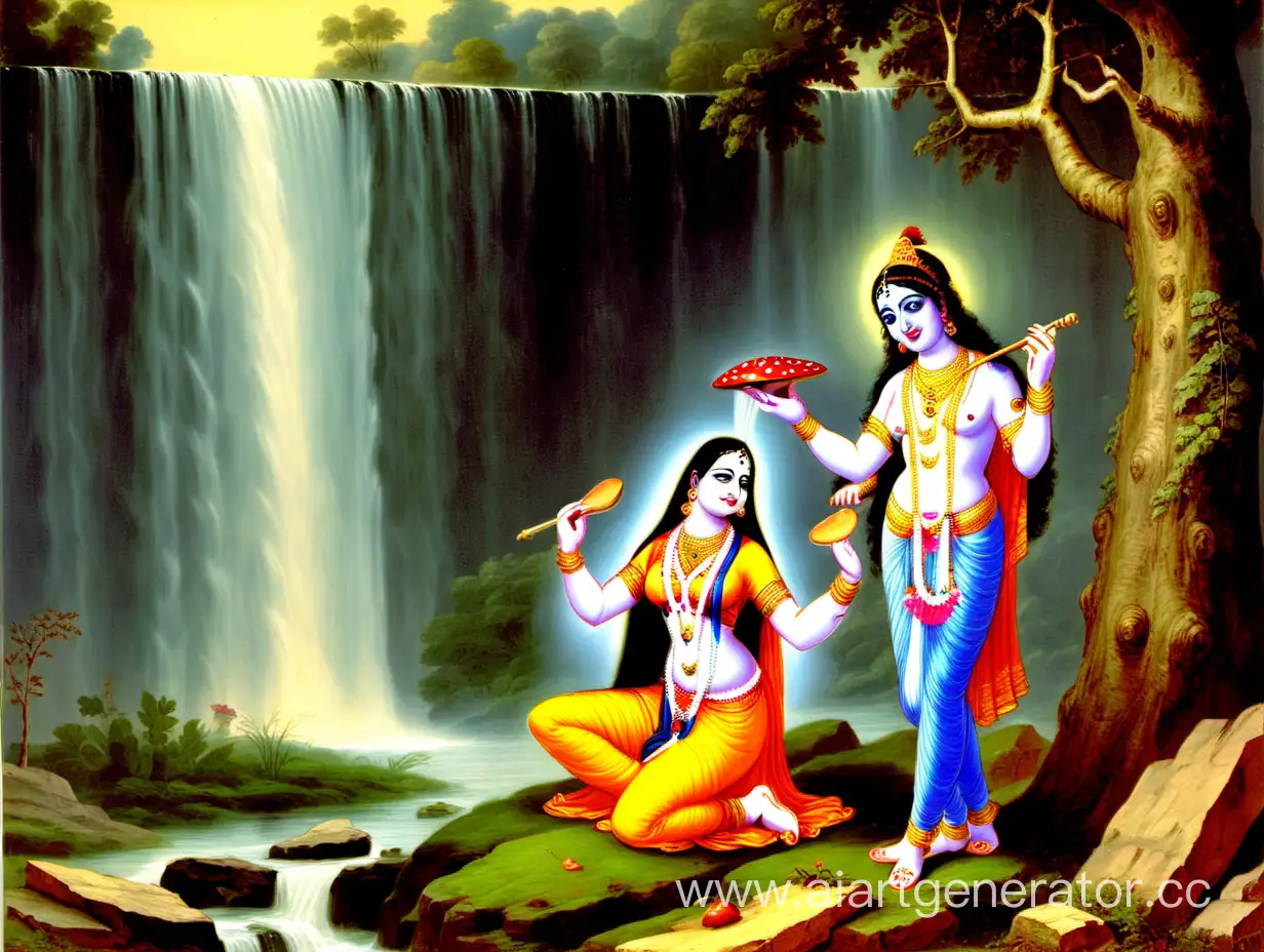 Krishna-Presents-a-Mushroom-to-Radharani-by-a-Waterfall