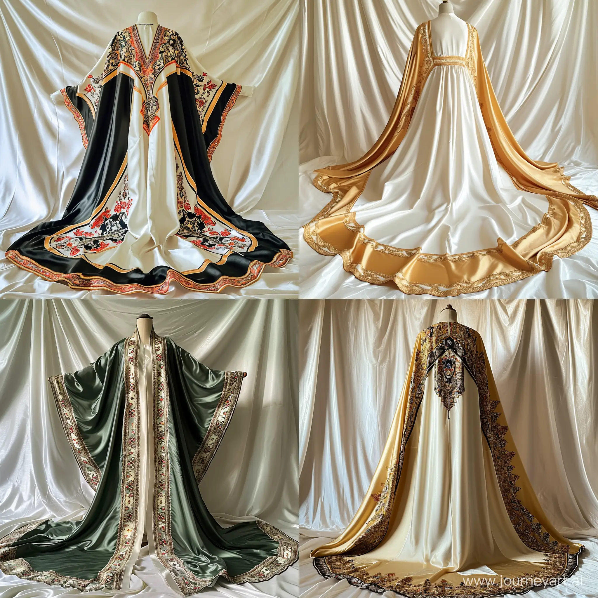 Elegant, luxurious, and modern designer silk Moroccan Caftan, on a white satin background